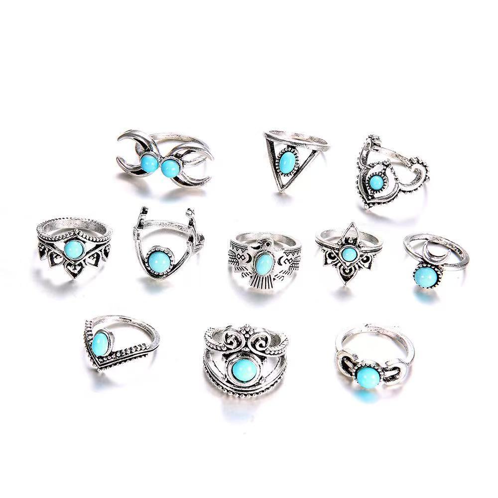 11 piece alloy set rings featuring turquoise, crescent moon, and owl