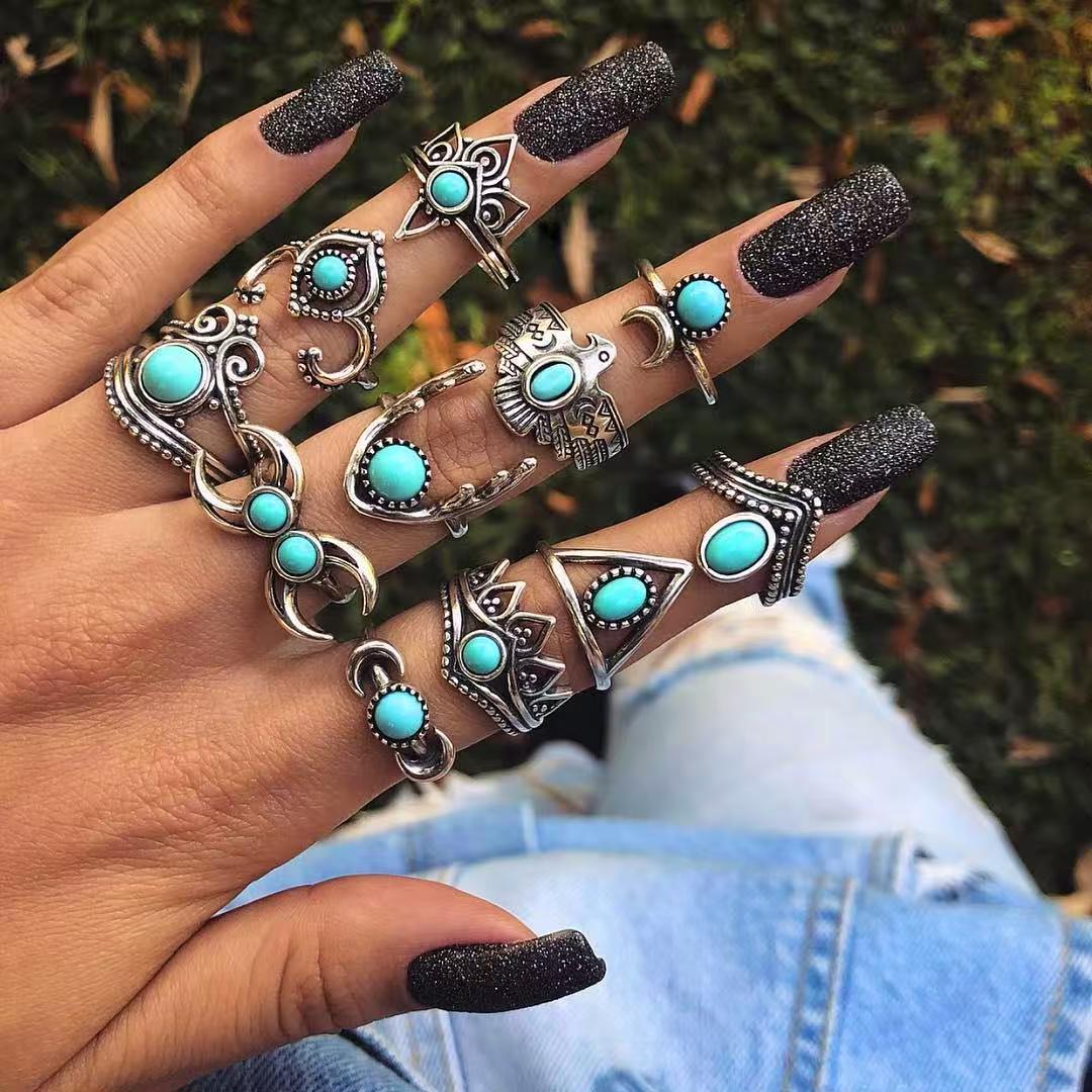 11 piece alloy set rings featuring turquoise, crescent moon, and owl
