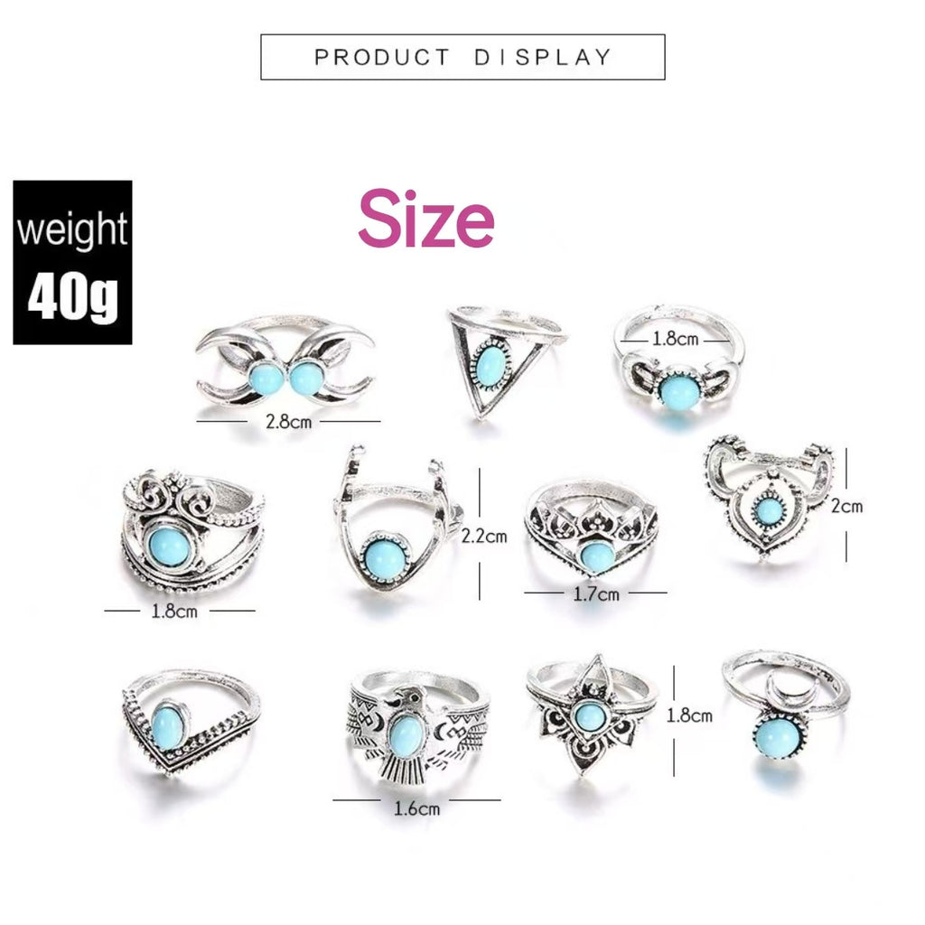 11 piece alloy set rings featuring turquoise, crescent moon, and owl