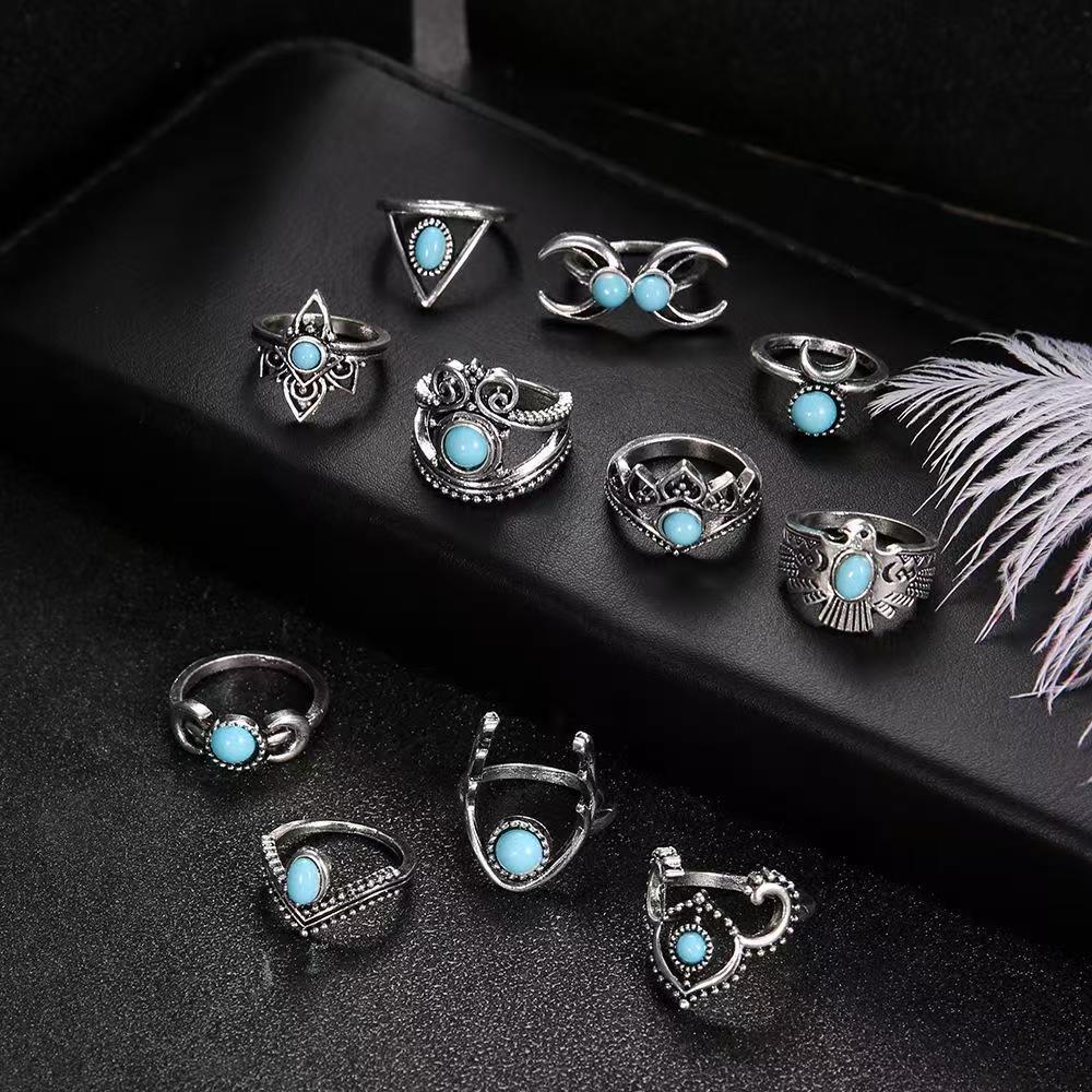 11 piece alloy set rings featuring turquoise, crescent moon, and owl