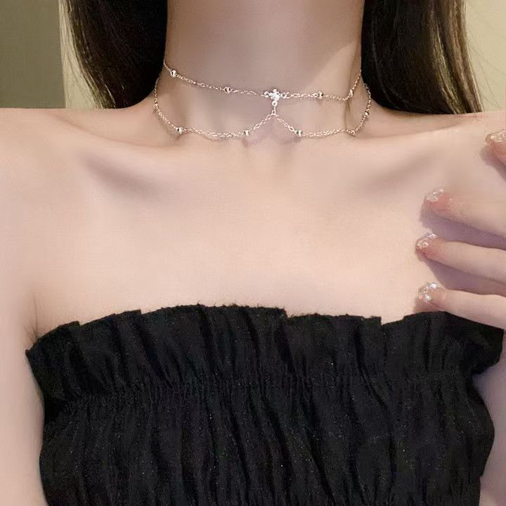 8-Types Multi layered collarbone chain, sparkling gold diamond necklace