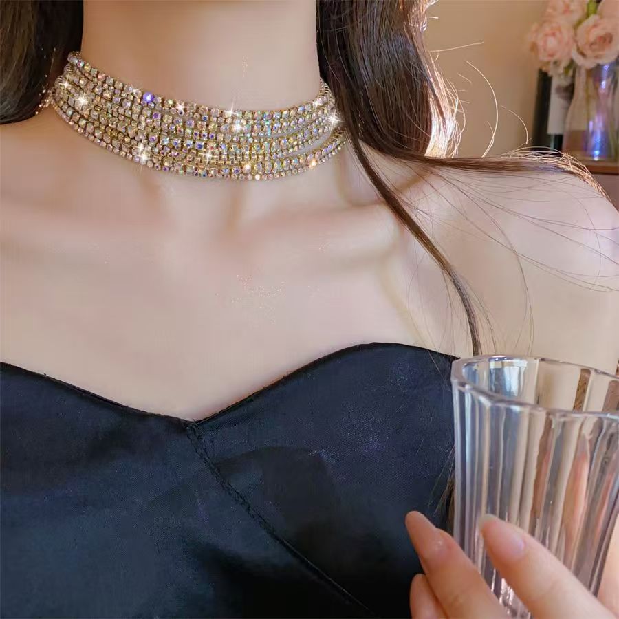 8-Types Multi layered collarbone chain, sparkling gold diamond necklace