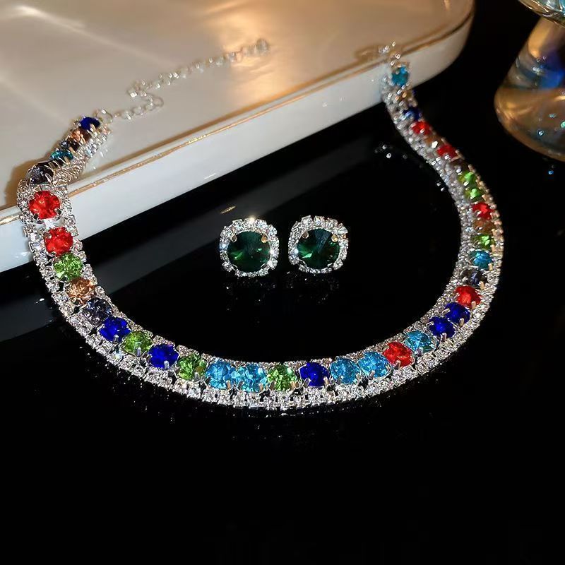 8-Types Gemstone set with colored diamonds, necklace and earring set, dress accessories
