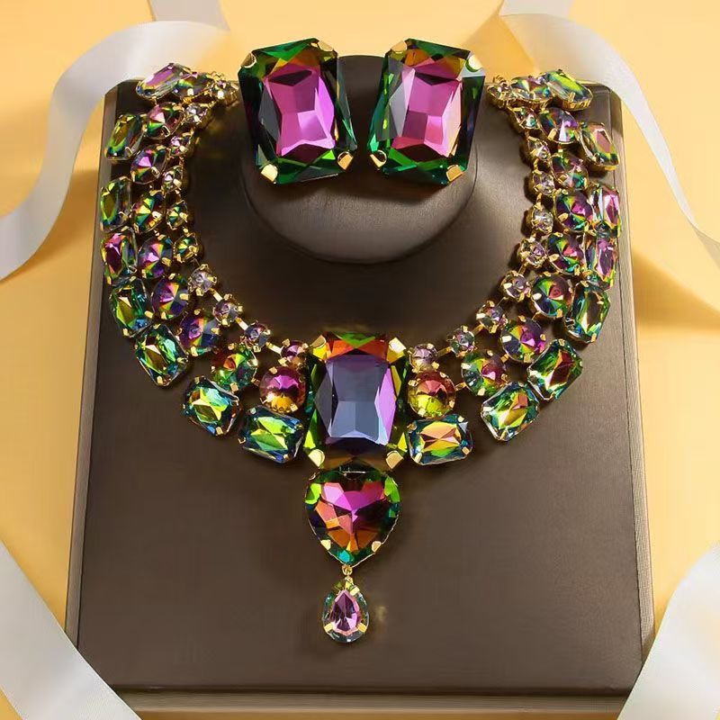 8-Types Gemstone set with colored diamonds, necklace and earring set, dress accessories