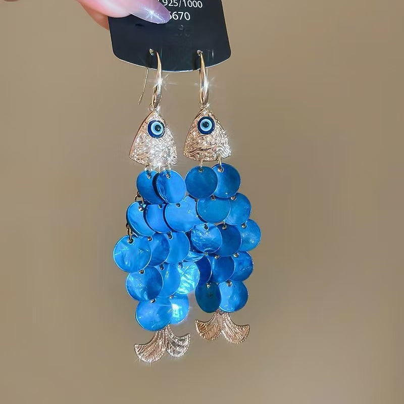 10 Type Holiday style, colorful crucian carp-shaped shell tassel earrings
