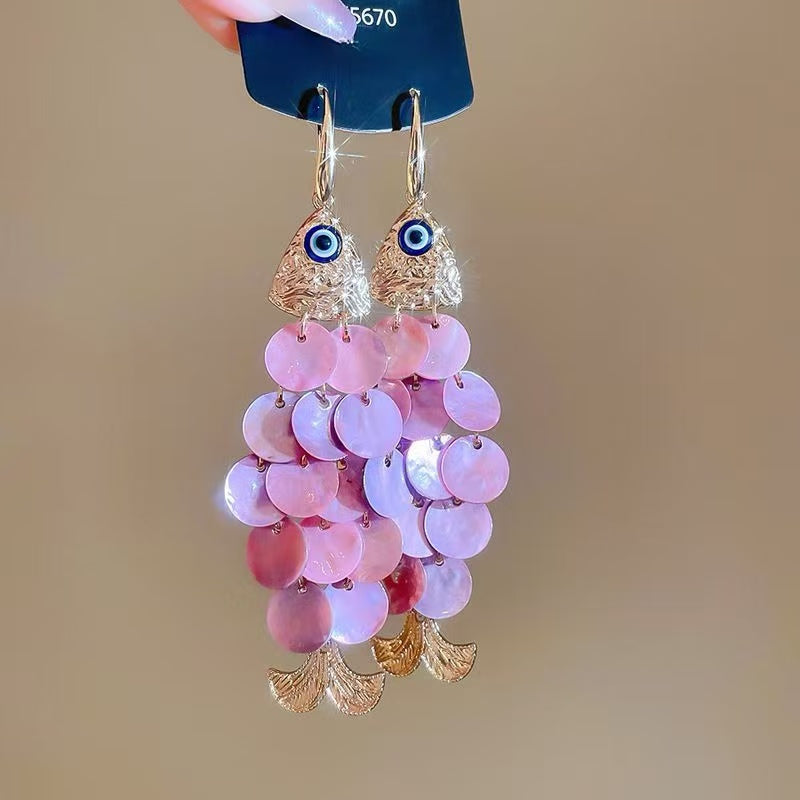 10 Type Holiday style, colorful crucian carp-shaped shell tassel earrings