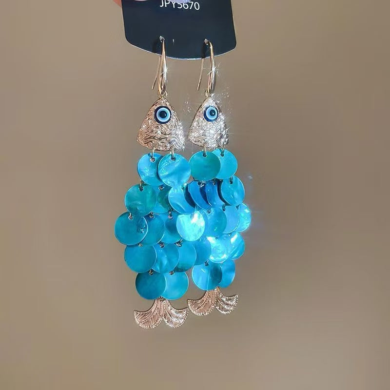 10 Type Holiday style, colorful crucian carp-shaped shell tassel earrings