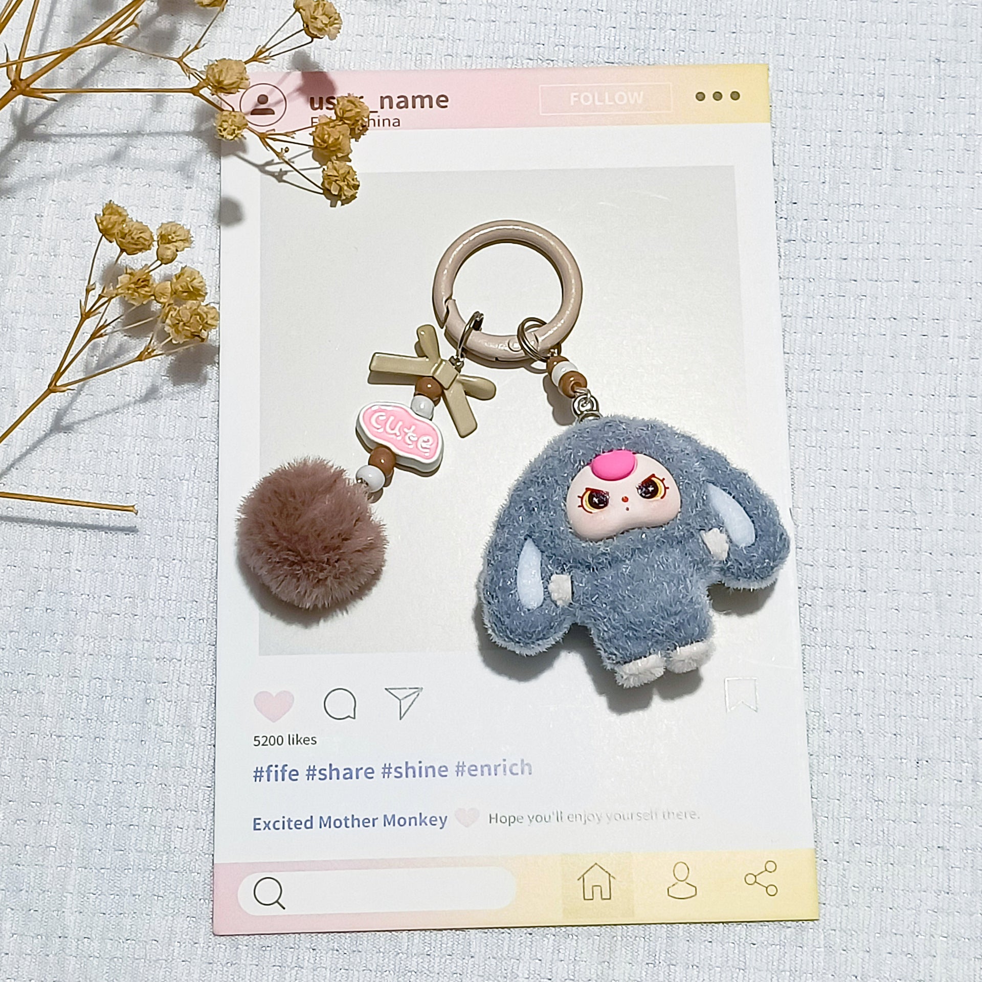 Bow flocked big-eared doll, cartoon keychain three-dimensional doll