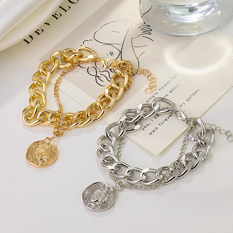 B1,Double-layered embossed portrait round plaque pendant bracelet