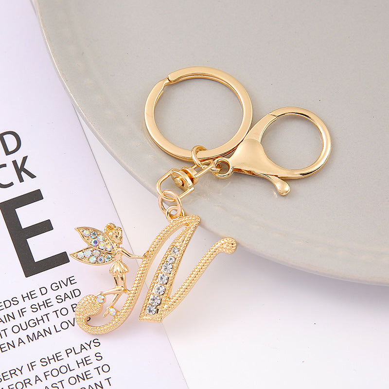 Alloy diamond English letters, key chain, little angel car key pendant
