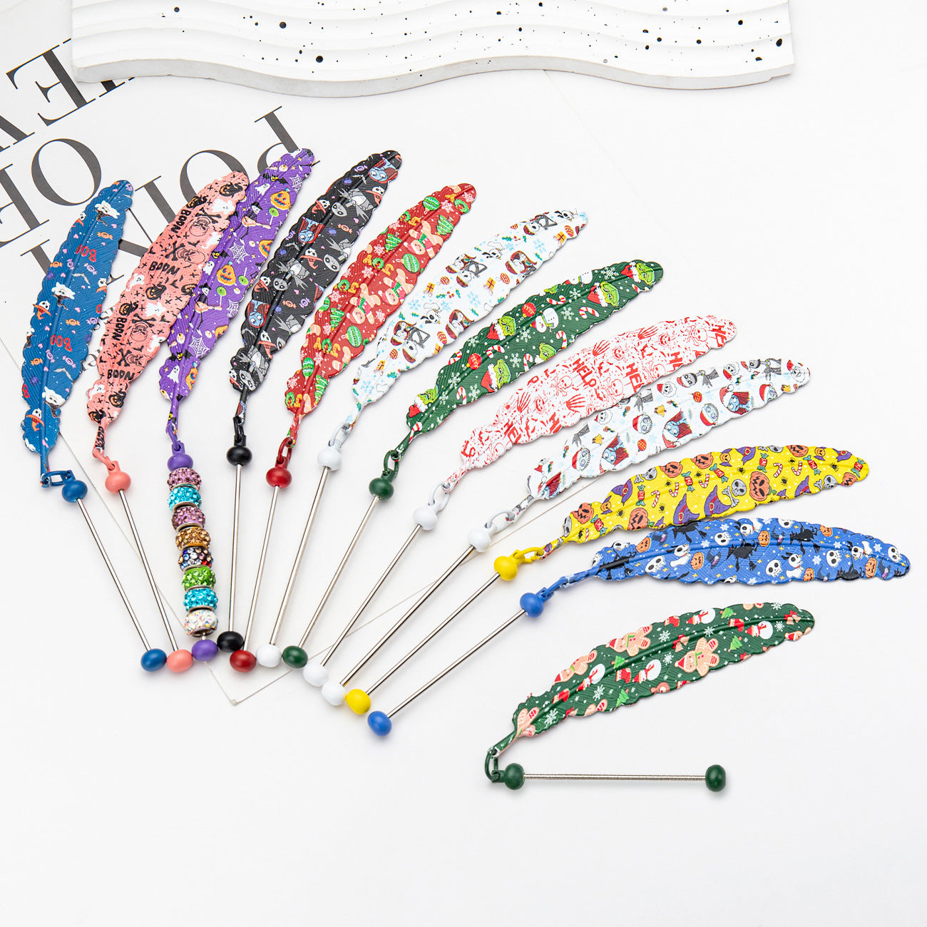 New DIY beaded feather bookmark, Christmas and Halloween metal bookmark, book page clip pendant.