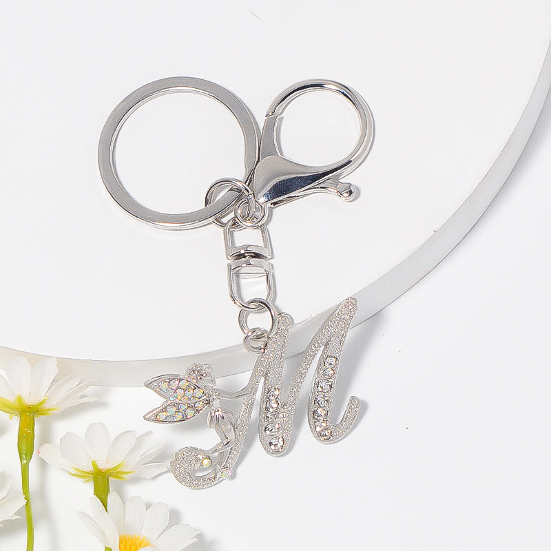 Alloy diamond English letters, key chain, little angel car key pendant