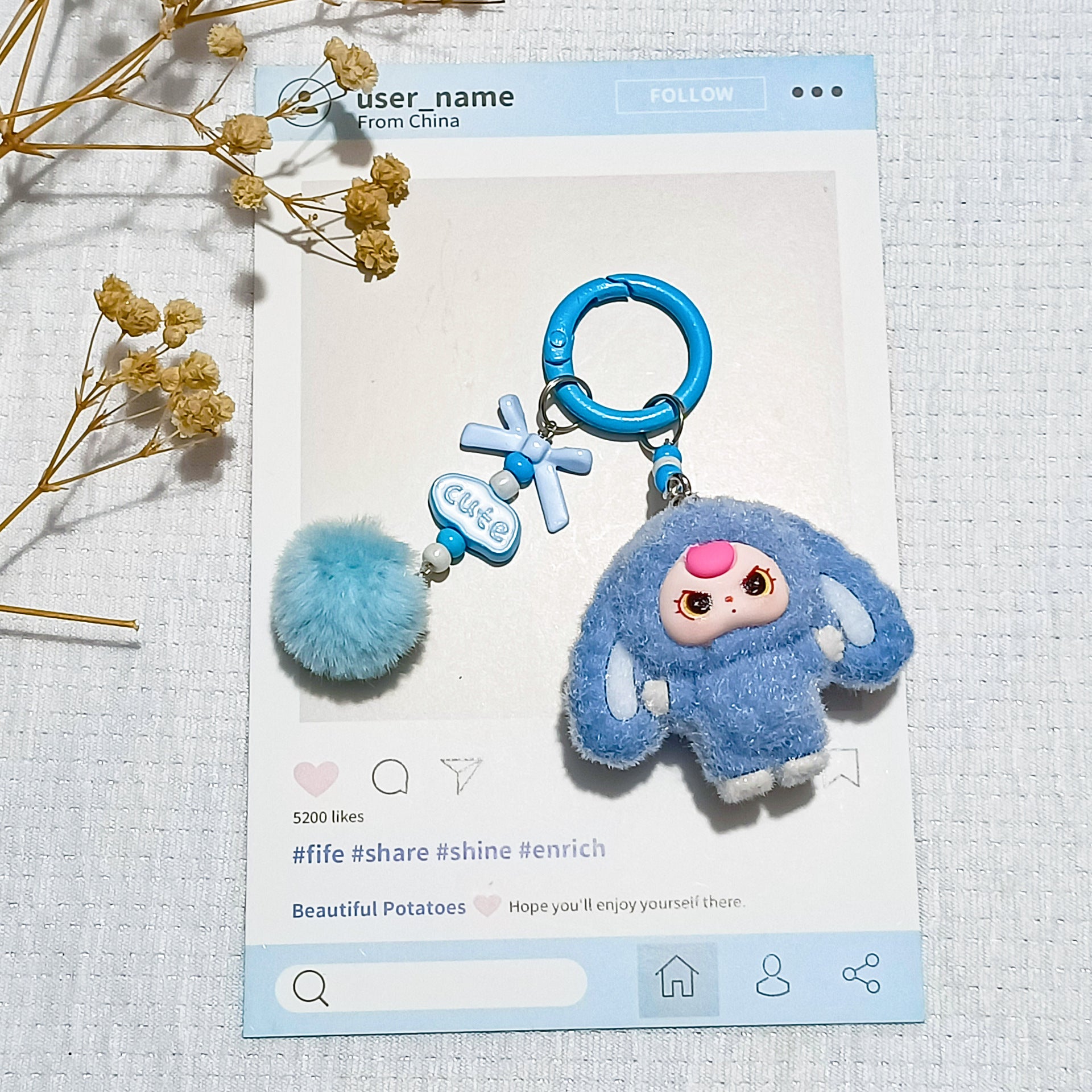 Bow flocked big-eared doll, cartoon keychain three-dimensional doll