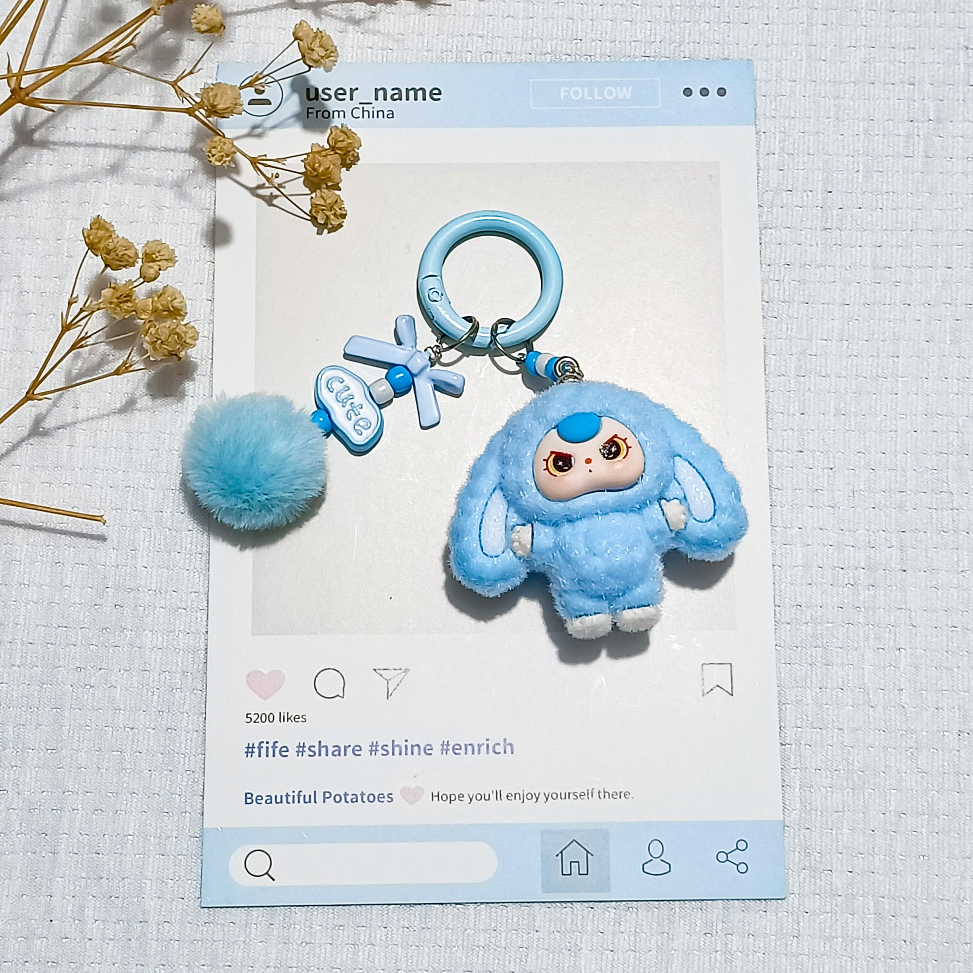 Bow flocked big-eared doll, cartoon keychain three-dimensional doll