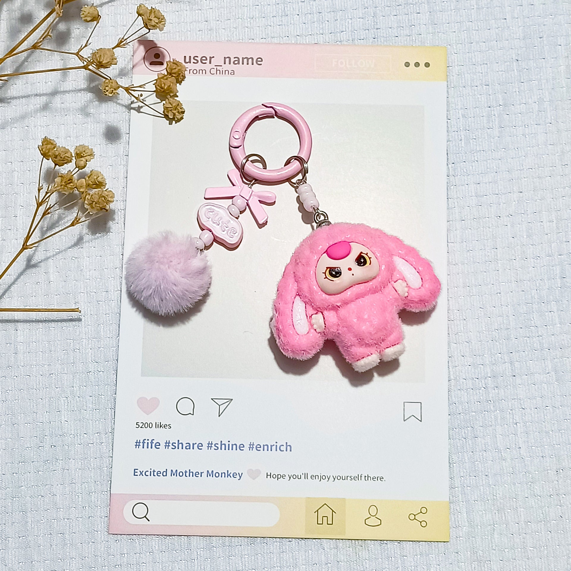 Bow flocked big-eared doll, cartoon keychain three-dimensional doll