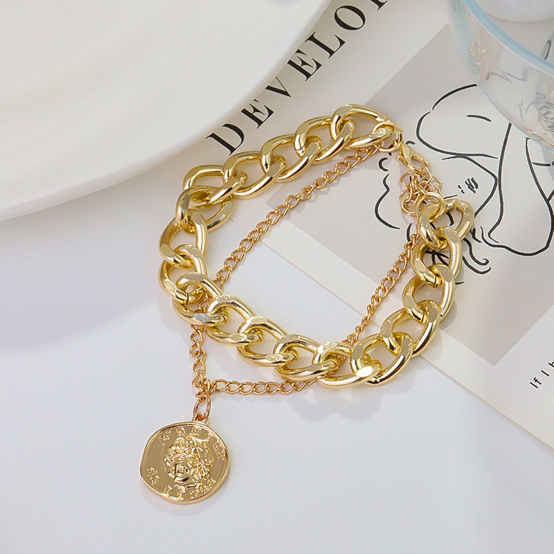 B1,Double-layered embossed portrait round plaque pendant bracelet