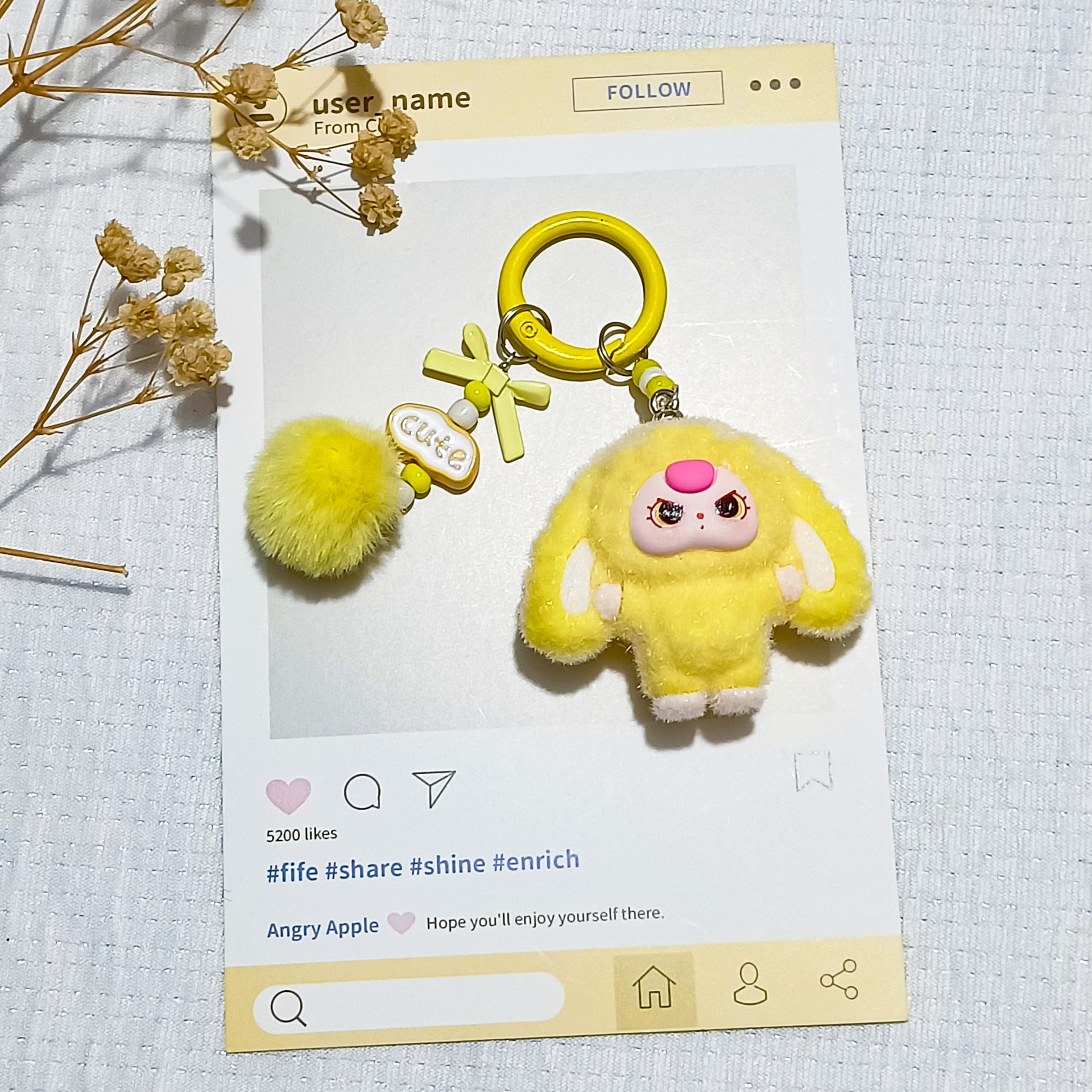 Bow flocked big-eared doll, cartoon keychain three-dimensional doll