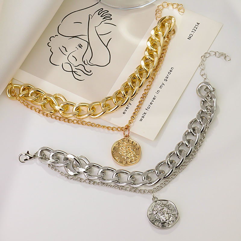 B1,Double-layered embossed portrait round plaque pendant bracelet