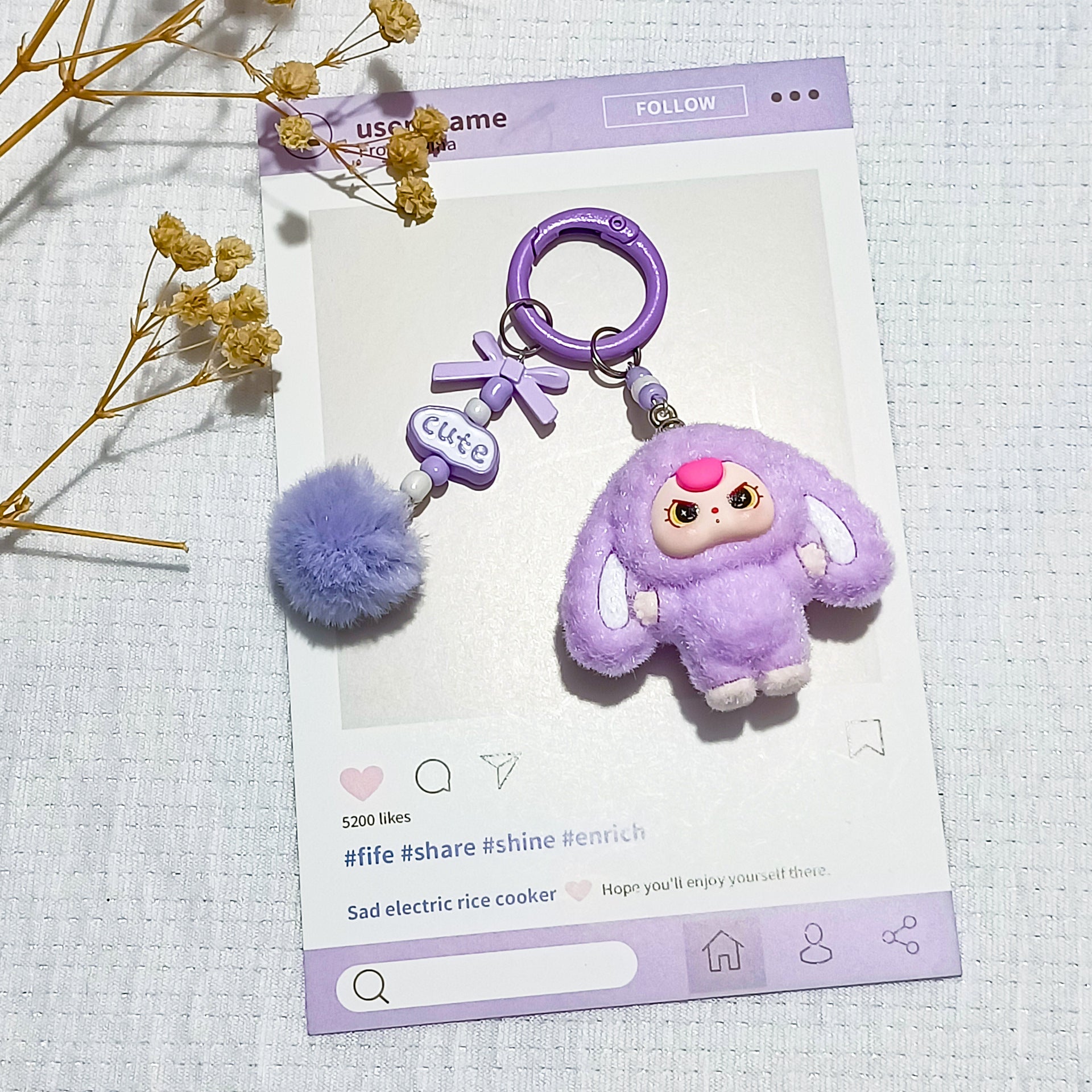 Bow flocked big-eared doll, cartoon keychain three-dimensional doll