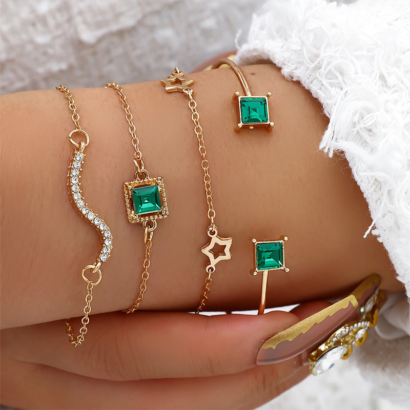 B2,Fashion Green Grandmother Diamond Bracelet Set