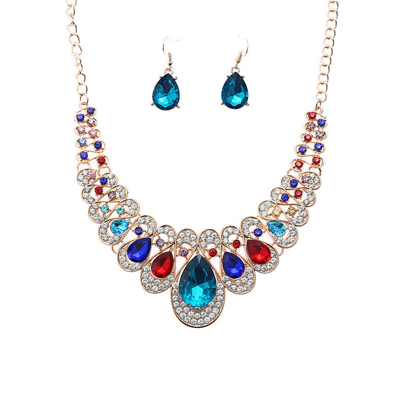 S1,Diamond water drop pendant necklace earring set