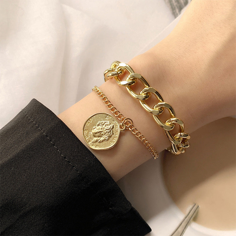 B1,Double-layered embossed portrait round plaque pendant bracelet