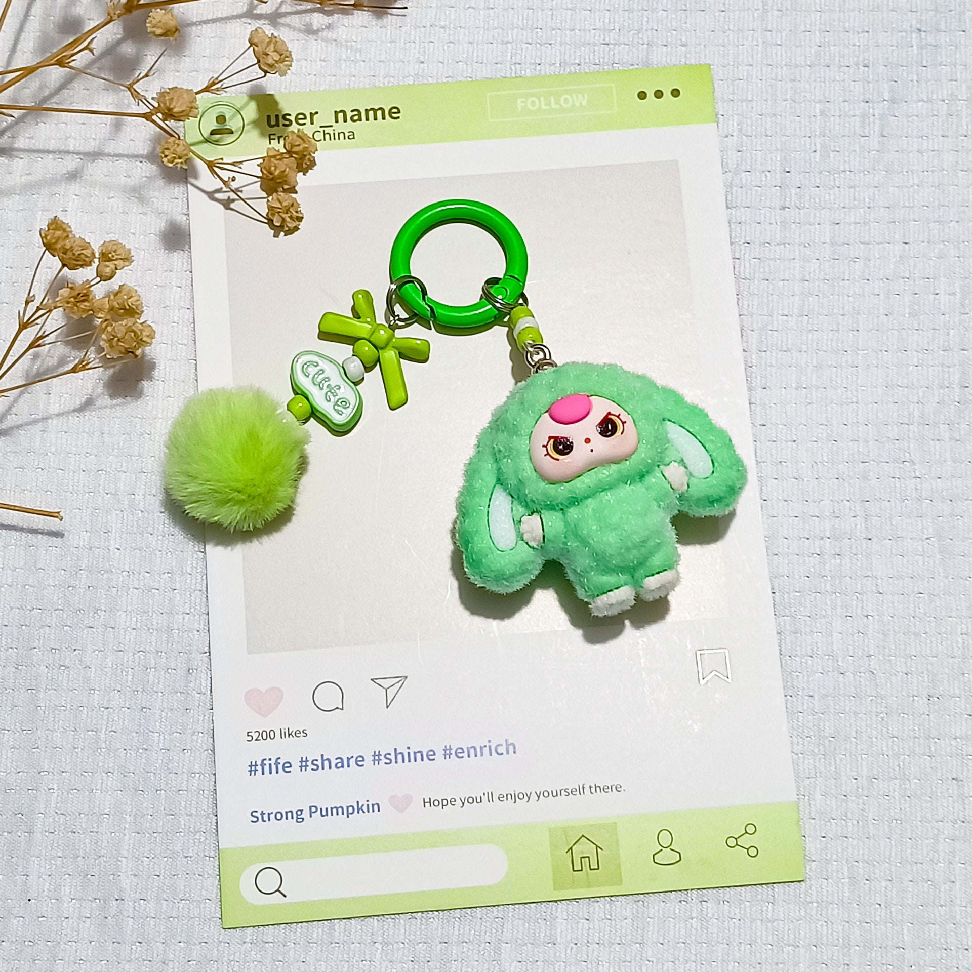 Bow flocked big-eared doll, cartoon keychain three-dimensional doll