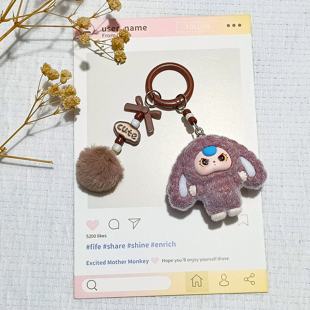 Bow flocked big-eared doll, cartoon keychain three-dimensional doll