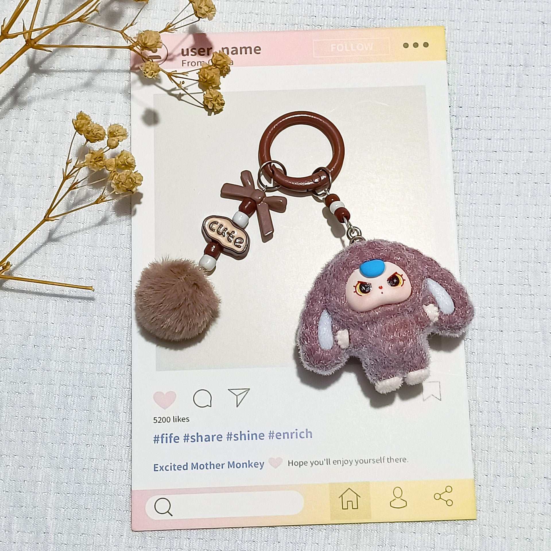 Bow flocked big-eared doll, cartoon keychain three-dimensional doll