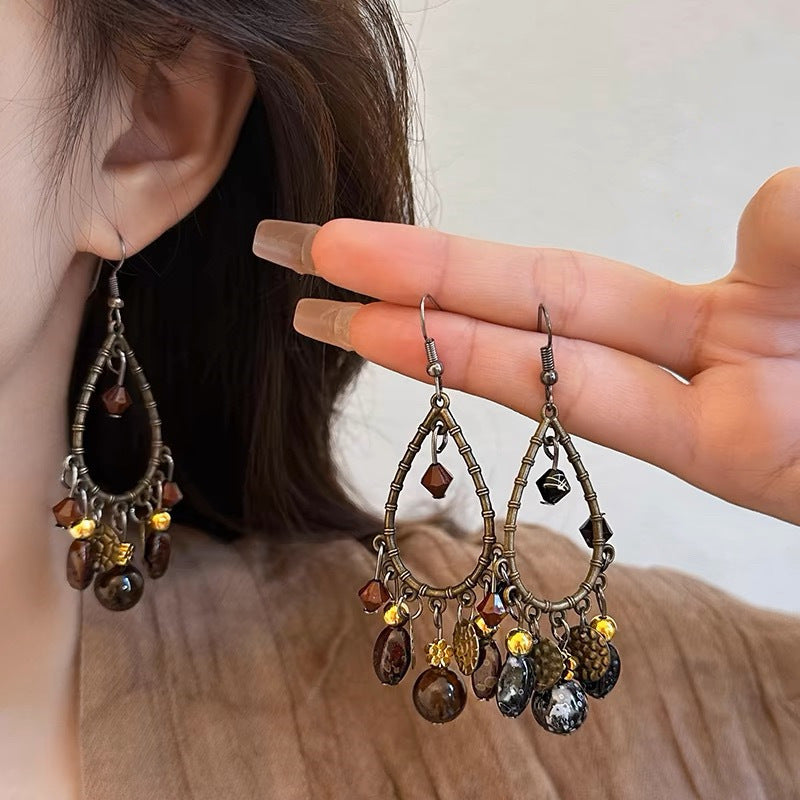 Ethnic beaded fringed earrings, retro hollow water drop earrings, bohemian long beautiful earrings