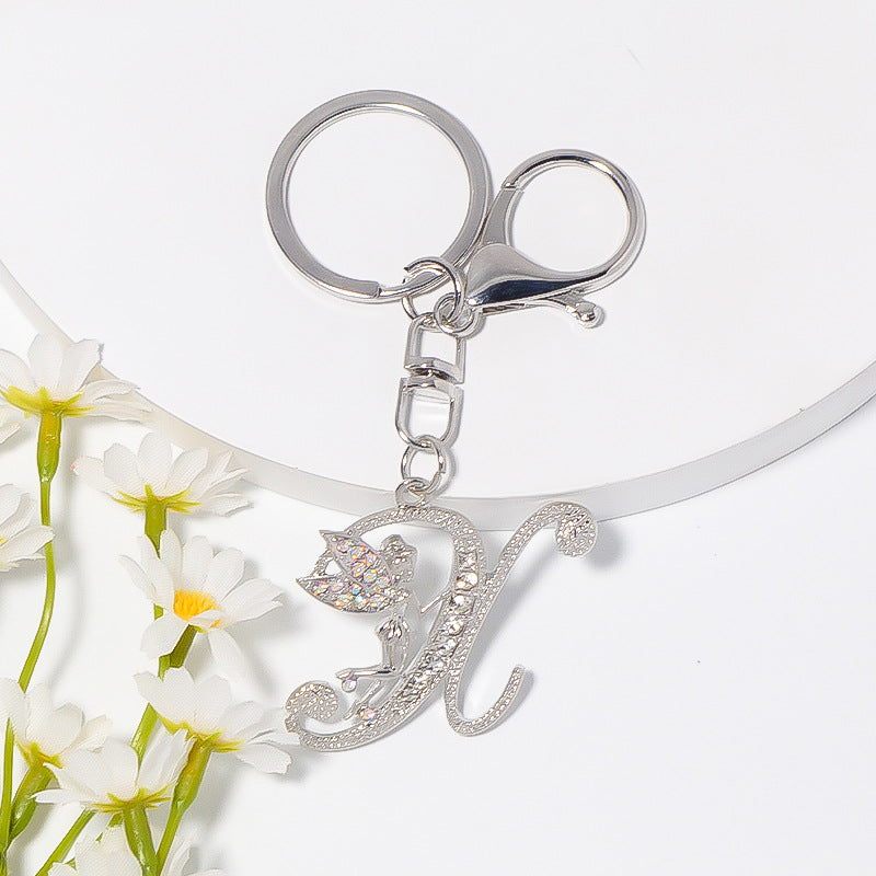 Alloy diamond English letters, key chain, little angel car key pendant