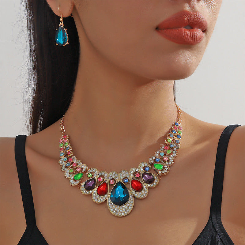 S1,Diamond water drop pendant necklace earring set