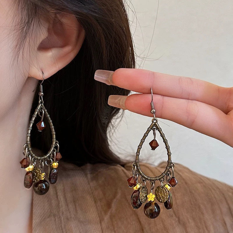 Ethnic beaded fringed earrings, retro hollow water drop earrings, bohemian long beautiful earrings