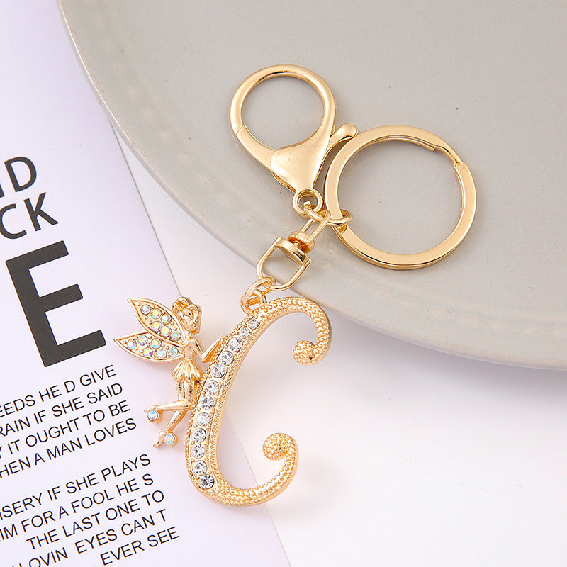 Alloy diamond English letters, key chain, little angel car key pendant