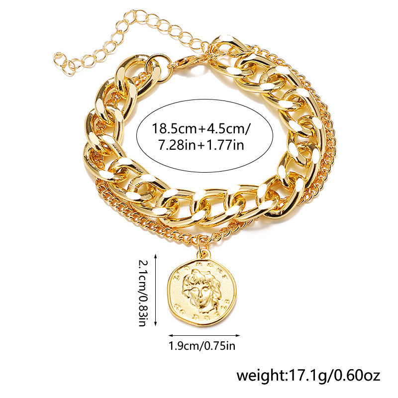 B1,Double-layered embossed portrait round plaque pendant bracelet