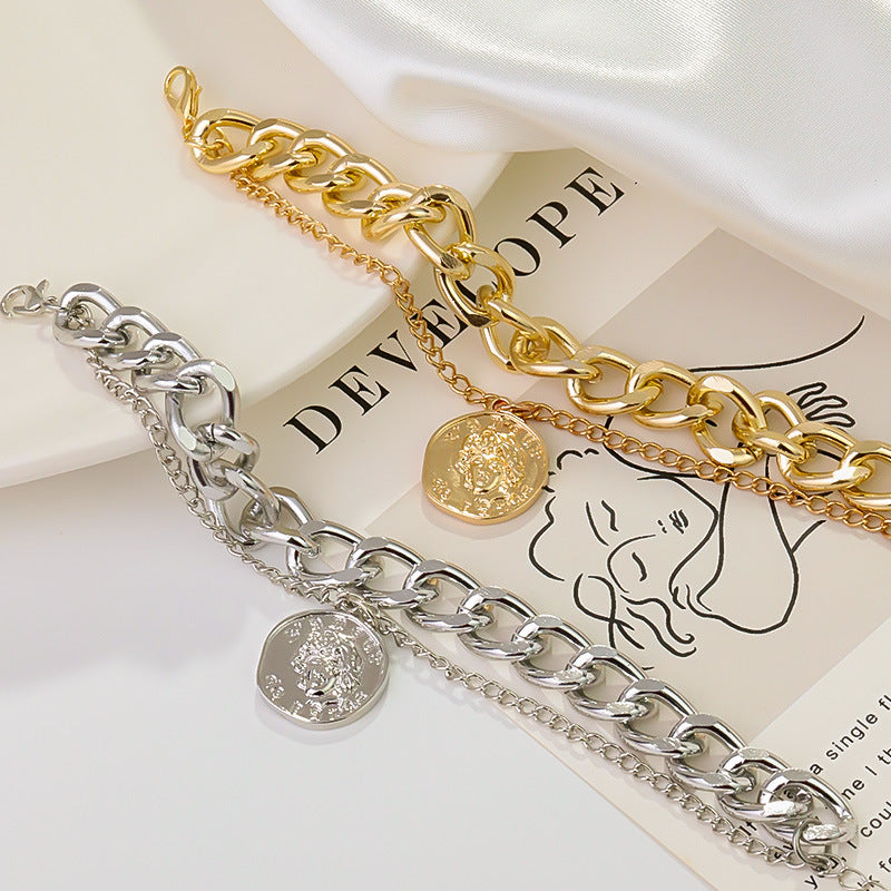 B1,Double-layered embossed portrait round plaque pendant bracelet