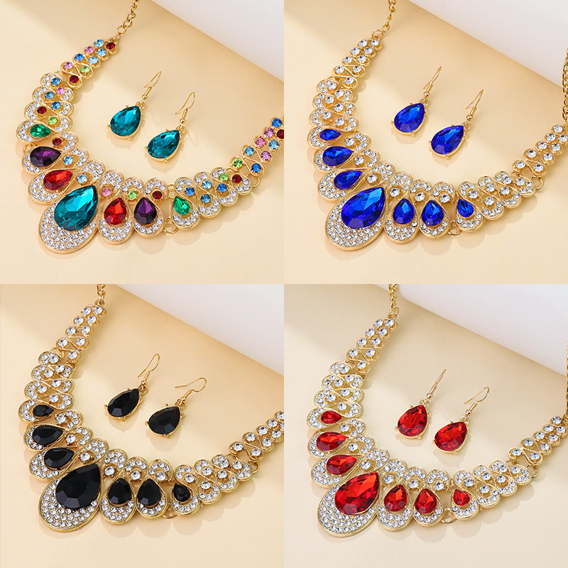 S1,Diamond water drop pendant necklace earring set
