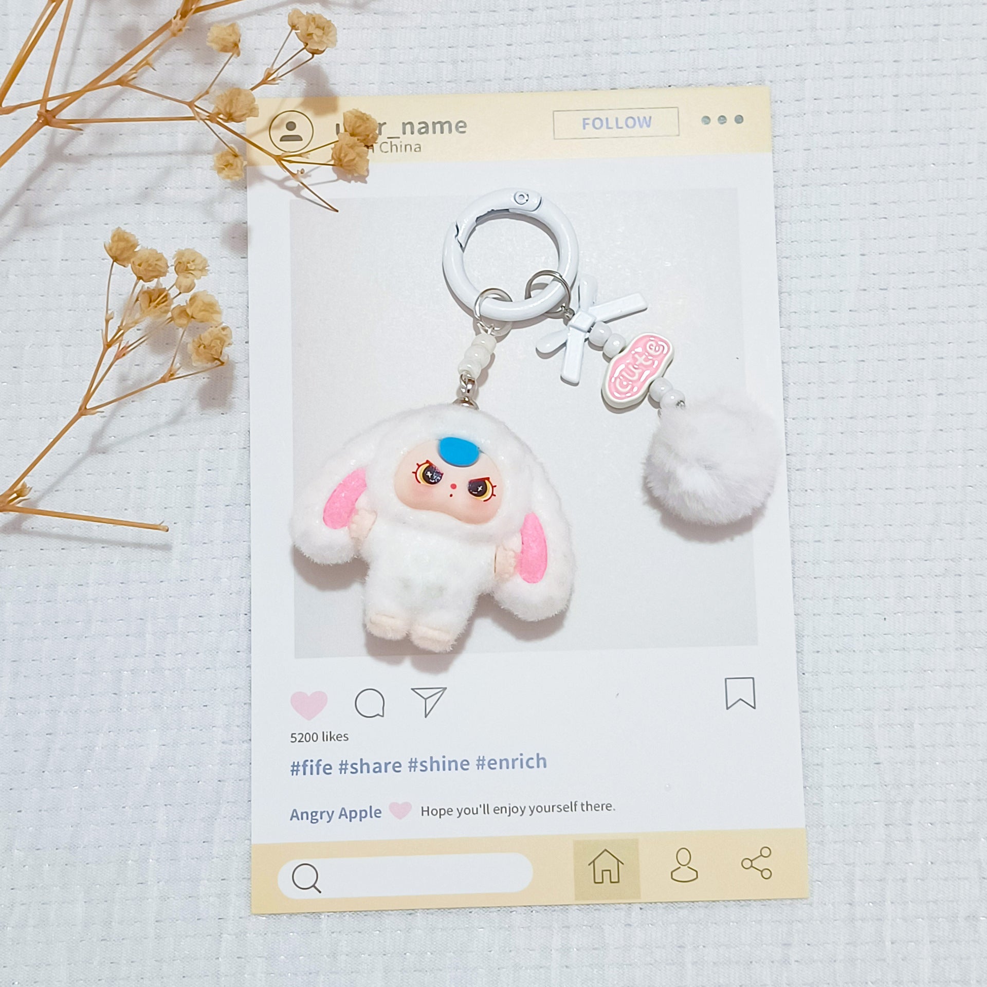 Bow flocked big-eared doll, cartoon keychain three-dimensional doll