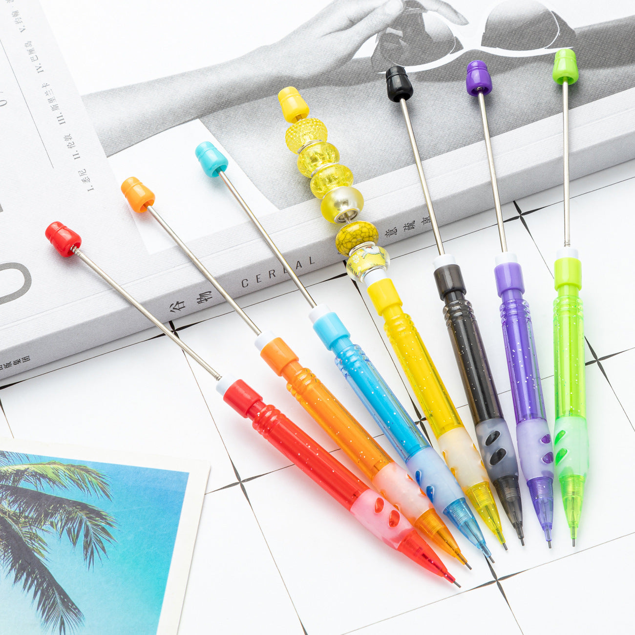 9-Color DIY beaded automatic pencil 0.5mm plastic press automatic pen, children's writing drawing pen office activity pencil