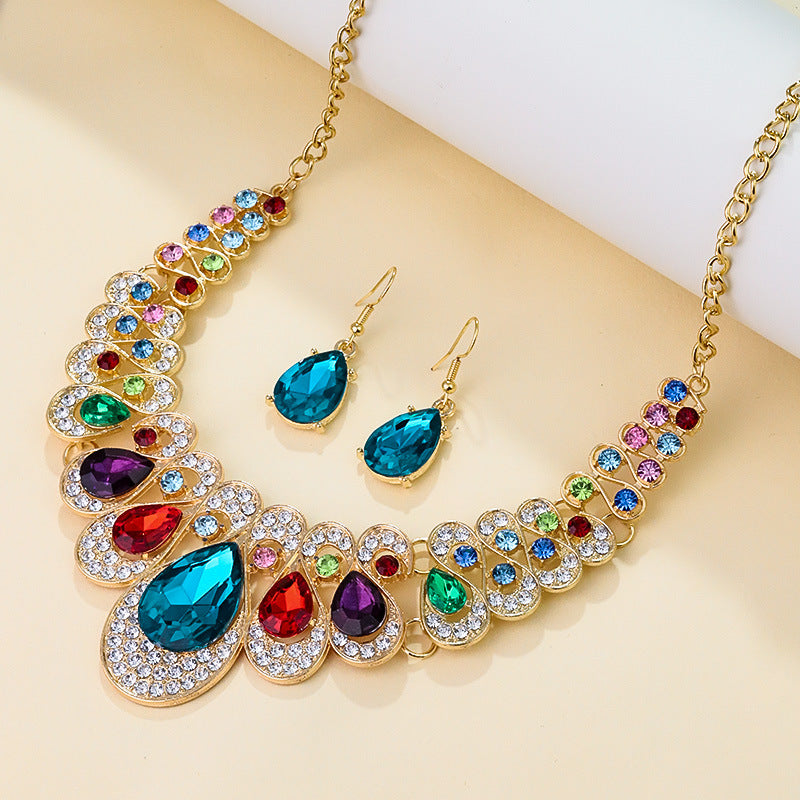 S1,Diamond water drop pendant necklace earring set